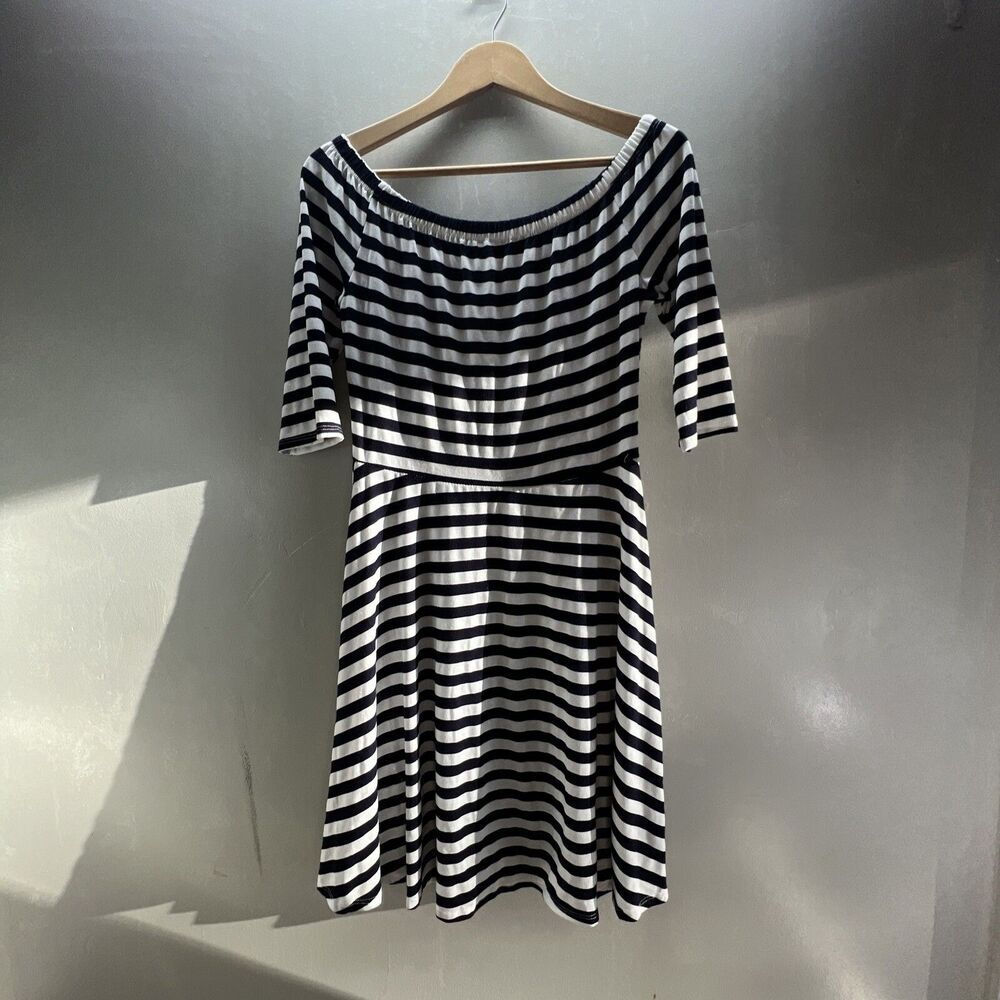 Open Gates Dress Women’s Size Medium Striped Off Shoulder Knee Length Fitnflare
